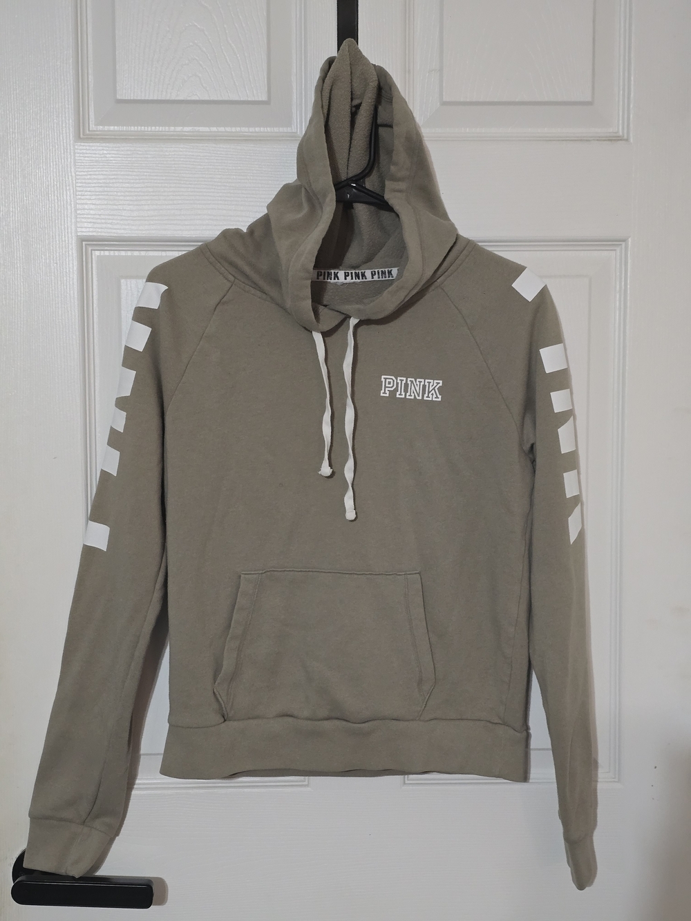PINK Victoria's Secret Olive Crewneck Hoodie with White Sleeve Stripes